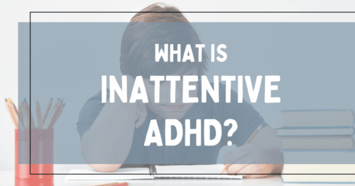 A young person sits at a desk, head resting on one hand while writing with a pencil, appearing distracted or fatigued. A semi-transparent blue banner overlays the image with the text 'What Is Inattentive ADHD?' in bold white lettering.